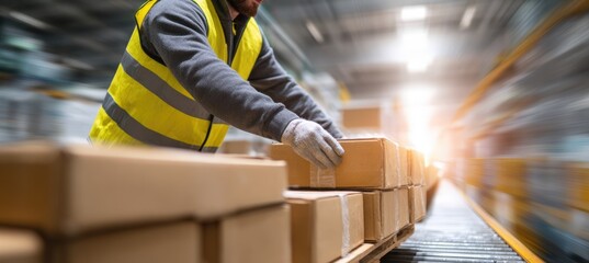 Warehouse Worker Adjusting Boxes on Tilted Pallet with Safety Gear