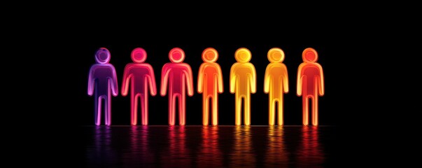 Group of Rainbow-Colored Neon Figures Standing in a Line on a Black Background
