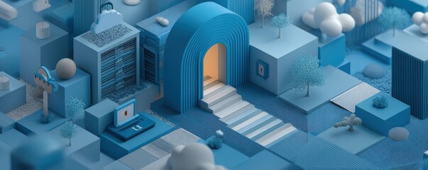 Isometric illustration of an abstract security gateway in a blue digital cityscape