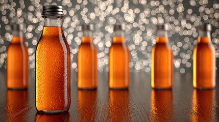 Refreshing Bottled Beverages with Bokeh Background on Wooden Surface