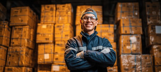 Logistics Worker Posing Proudly with Organized Cartons in Industrial Setting