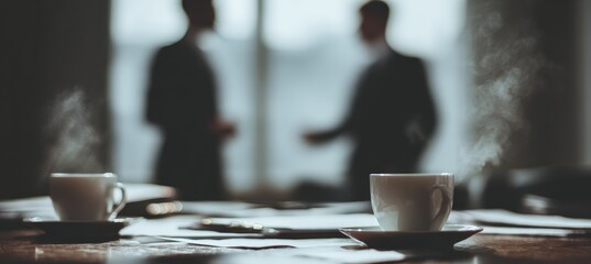 Intense Corporate Negotiation Scene with Coffee and Documents in Focus