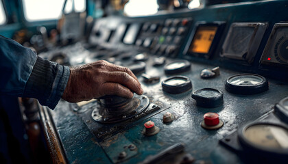 Hand of marine officer operationg bridge ship equipment of offshore dp vessel thruster pitch propellers telegraph