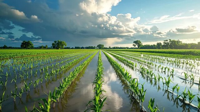 Flooded cornfield with young plants reflecting the sky and clouds after rainfall.