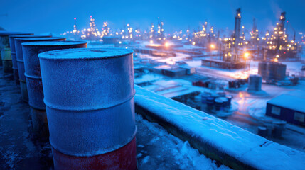 Canadian Oil Barrels in Snowy Refinery with Maple Leaf Branding