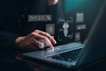 Business professional interacting with laptop using hand gestures, virtual AI interface with cute robot assistant, artificial intelligence, command prompt, automation, data process, digital workflow.