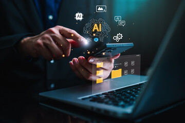 Close up of business professional holding smartphone in hand above laptop with virtual AI icons and digital folders, representing artificial intelligence, data management, automation, cloud computing.