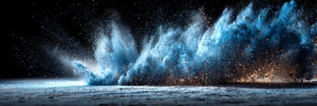 Digital abstract evokes winter, cosmic, or festive themes with drifting snow-like particles in blue and orange on dark background - Powered by Adobe