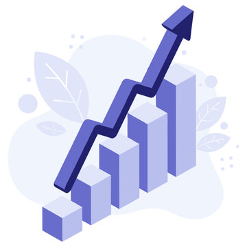 Abstract upward arrow on bar graph with blue leaves and dots