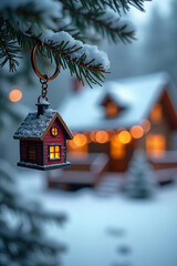 House-Shaped Keychain Hanging on Snowy Pine Branch with Cabin