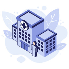 Fototapeta premium Isometric illustration of a hospital with a simplified human figure