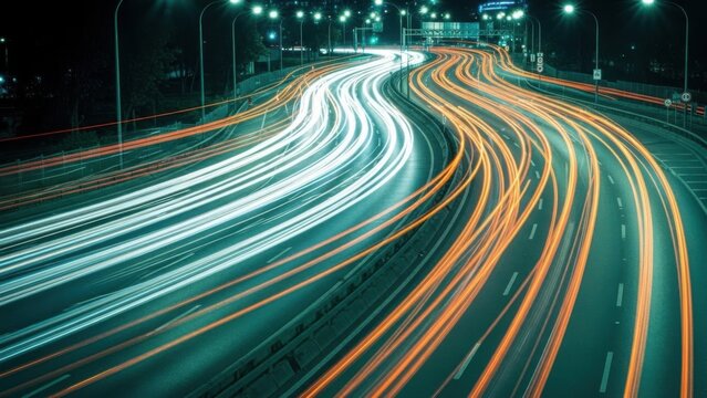 Vibrant city highway at night with colorful light trails