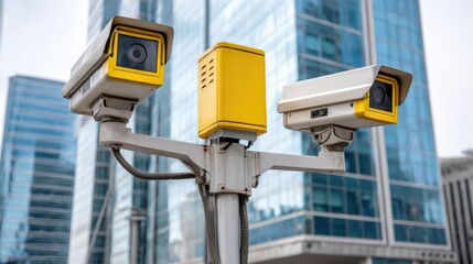 Modern Urban Surveillance Cameras in City Center with Dramatic Architecture Background