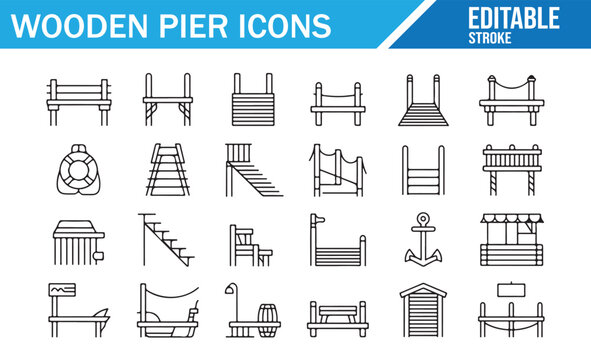 Wooden pier and dock line icons set with editable stroke.