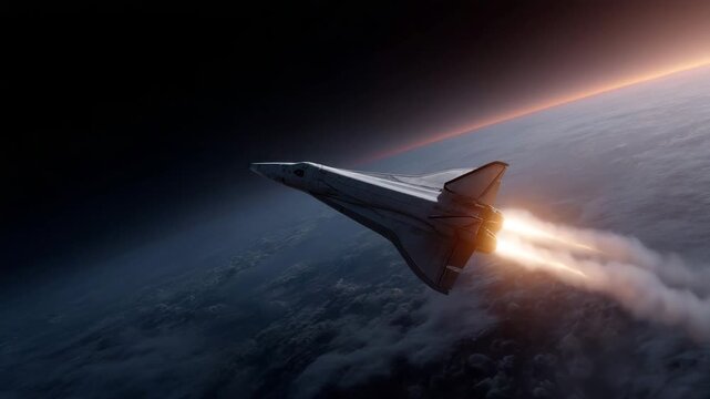 reusable rocket blasting off into orbit above planet Earth