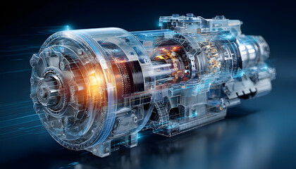 Futuristic hologram displaying complex internal components of a powerful marine engine, emphasizing advanced technology and precision engineering in maritime propulsion systems