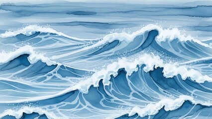 Ocean waves watercolor painting blue seascape
