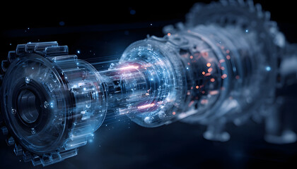Futuristic hologram displaying complex internal components of a powerful marine engine, emphasizing advanced technology and precision engineering in maritime propulsion systems