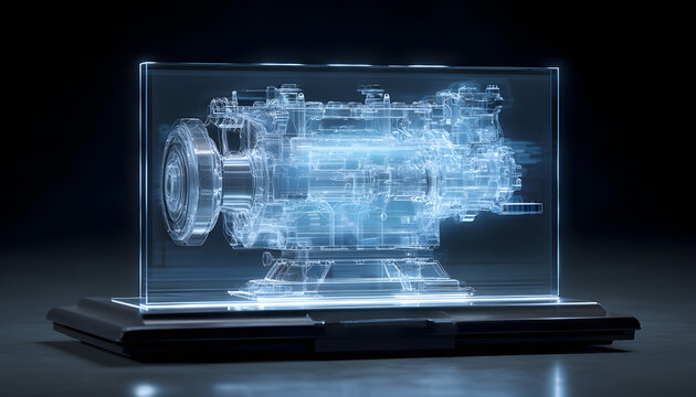Futuristic hologram displaying complex internal components of a powerful marine engine, emphasizing advanced technology and precision engineering in maritime propulsion systems