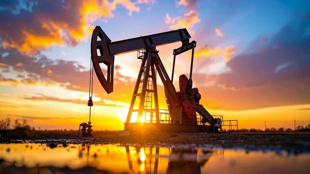 Silhouette of an oil pump jack against a vibrant sunset sky, reflecting in water.
