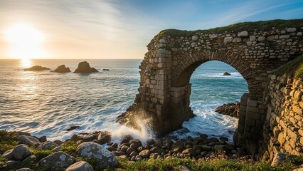 Stone archway over ocean at sunset