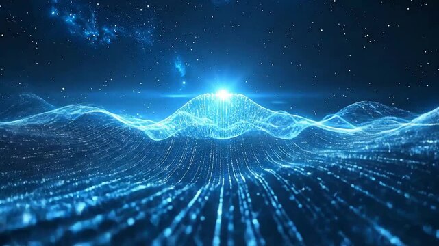 Abstract digital landscape with glowing particles and starry sky, representing technology and innovation.