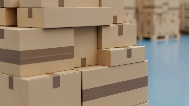 Stacked cardboard boxes on wooden pallets in a warehouse, depicting logistics, storage, and global shipping operations