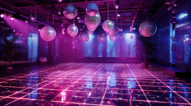 Vibrant retro dance floor with neon lights and disco balls.