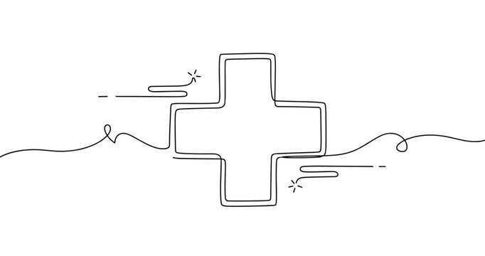 Continuous line drawing of a medical cross symbol with decorative elements, no editable stroke