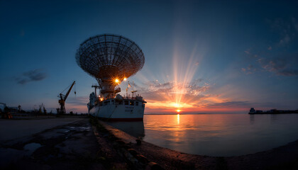 A panoramic shot capturing a ship at sunset with its satellite dish prominently visible on the stern as glowing signals