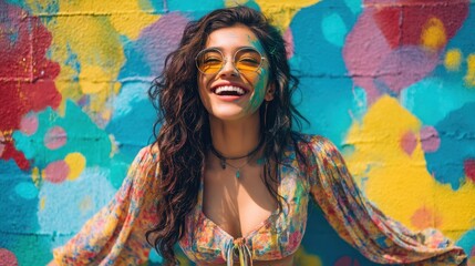 Joyful young hispanic female smiling in front of colorful graffiti wall.