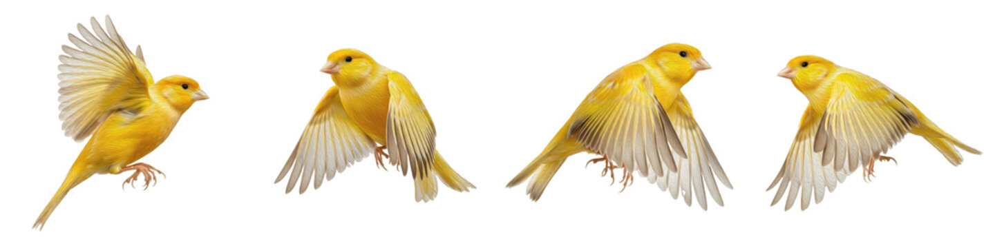 Realistic Domestic Canary Bird Collection Featuring Dynamic Flying Poses With Vibrant Yellow Plumage Isolated on White Background PNG Mockup for Nature and Wildlife Illustration