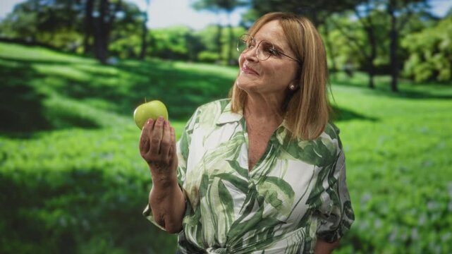 Woman holding green apple in forest, smiling and looking at the fruit with a gentle hand gesture; health mindfulness serenity.