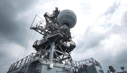 military radar air surveillance on navy ship tower.