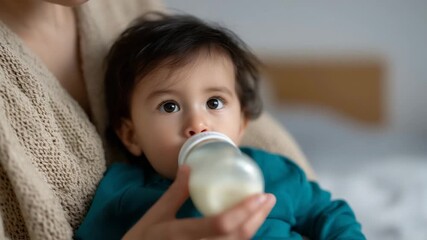 Ultra-realistic emotional lifestyle photo capturing a baby feeding moment at home. A small toddler (6-18 months) rests in the caregiver’s arms, drinking milk from a white feeding 4K