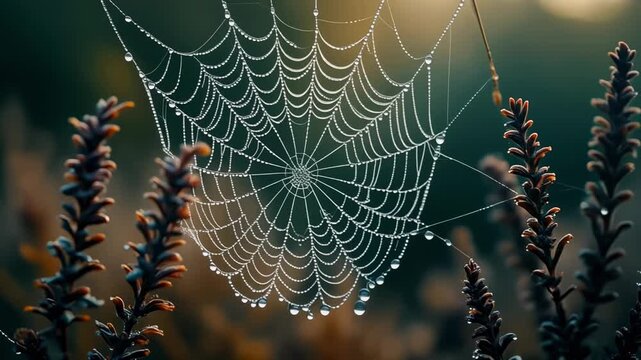 Delicate spiderweb with shimmering dew drops in the early morning light. A macro view of a cobweb suspended on heather plants showing nature's intricate patterns