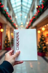 Hand Holding Checklist Notepad in Festive Shopping Mall Atrium