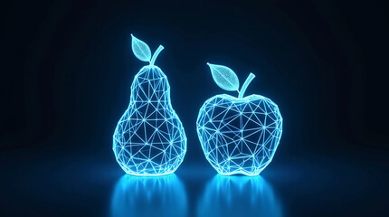 Glowing Cyan Wireframe Pear and Apple on Black Background