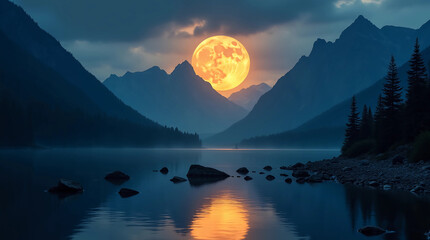Massive Golden Full Moon Rising Above Mountain Lake and Pines