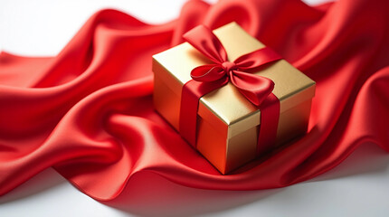 Luxury Gold Gift Box Tied with Red Ribbon on Silk Fabric