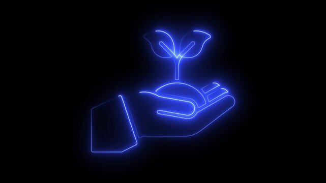 Glowing tree neon line icon animation with black background.Neon line of hand holding tree icon Earth and environment protection, social responsibility for nature. network concept.