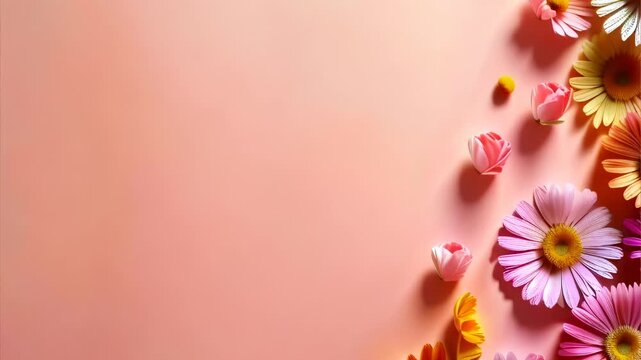 Colorful spring flowers arranged along the right side on a soft pink background with gentle shadows. Minimal floral corner border with wide copy space