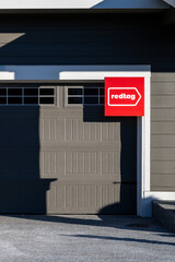 Closeup of stop construction red tag notice by city authorities on a new construction house, zoning code enforcement
