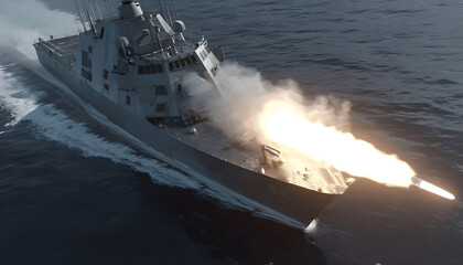Fototapeta premium naval vessel firing a missile.