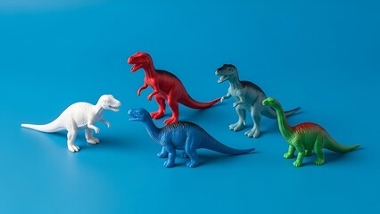 Obraz premium Colorful plastic dinosaur toys arranged on a blue background creating a fun and playful scene for kids