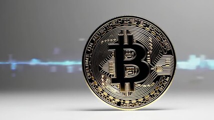 Golden bitcoin rotating against white background with digital charts evolving, representing cryptocurrency investment, trading, and financial technology - Powered by Adobe