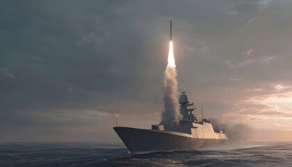 Fototapeta premium naval vessel firing a missile.
