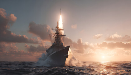 Fototapeta premium naval vessel firing a missile.