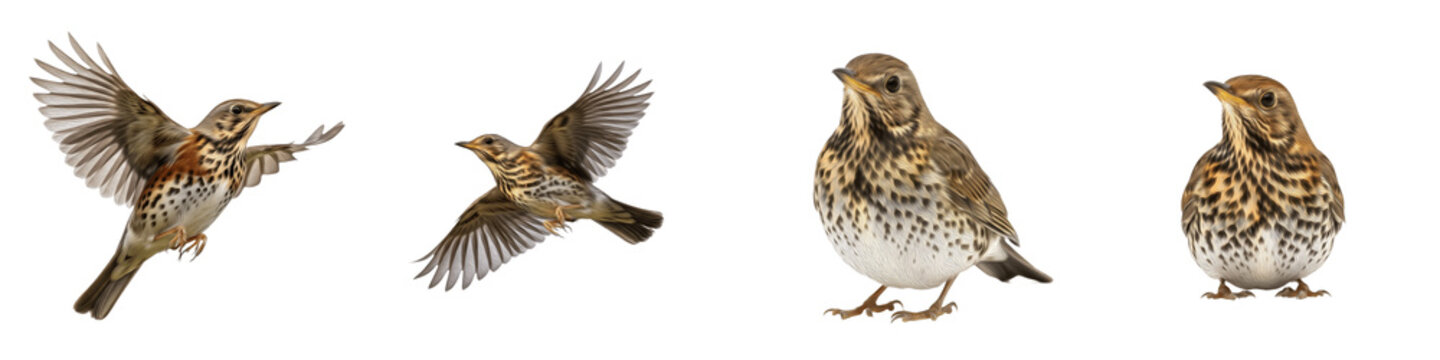 Realistic Song Thrush Bird Collection Featuring Multiple Flying and Standing Poses Isolated on White Background PNG Mockup for Wildlife Photography, Nature Education and Avian Design