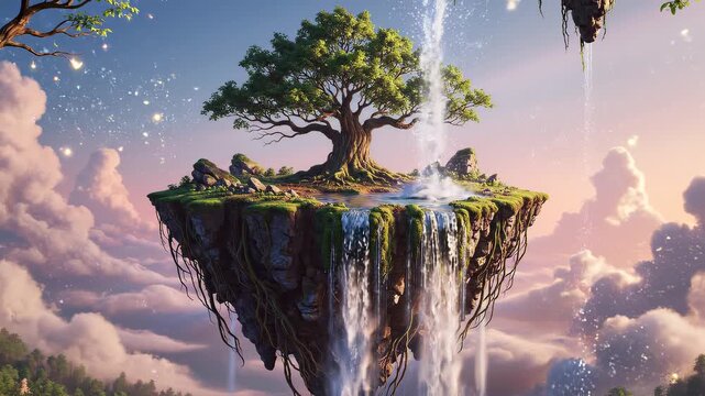 Magical tree of life on a floating island with a waterfall